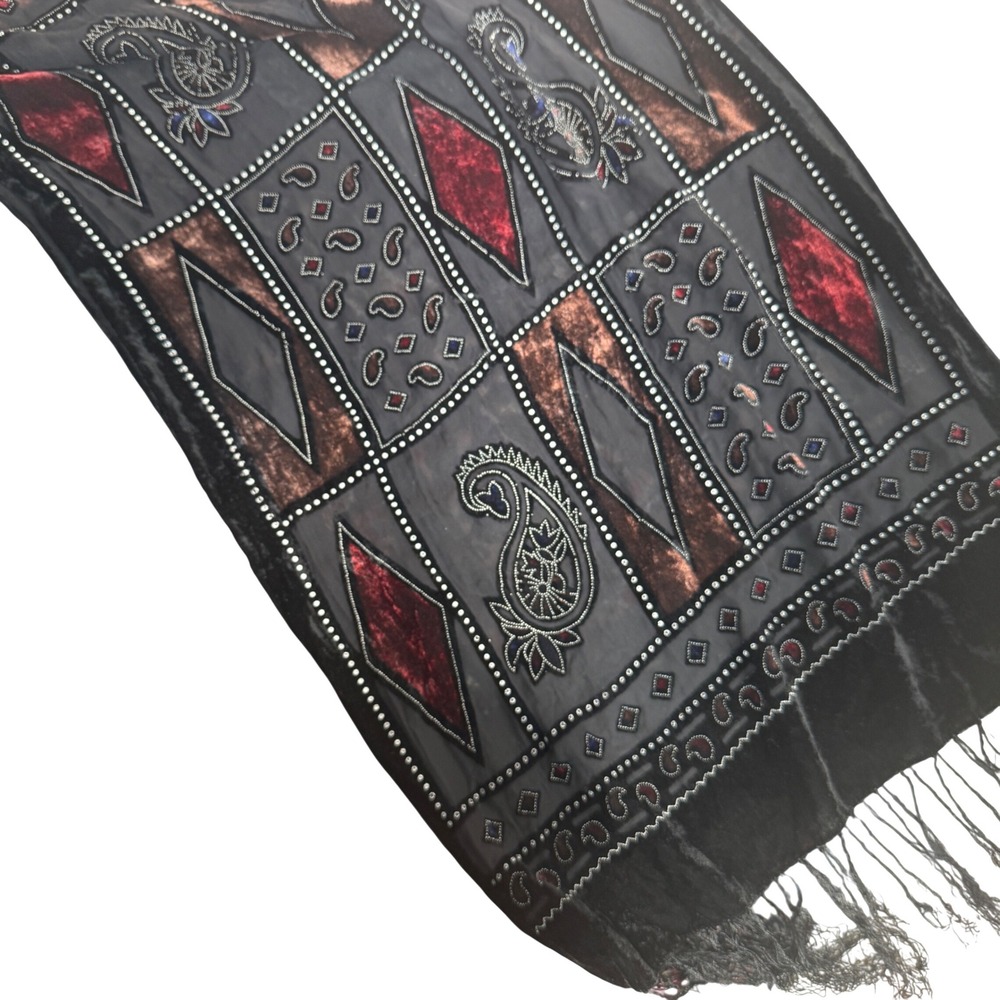 Vintage Devore Velvet Beaded Paisley Fringe Wrap Scarf Burgundy